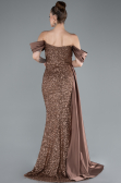 Copper Boat Neck Slit Long Sequined Evening Gown ABU4085