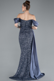 Grey-Indigo Boat Neck Slit Long Sequined Evening Gown ABU4085