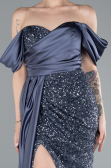 Grey-Indigo Boat Neck Slit Long Sequined Evening Gown ABU4085