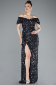 Anthracite Boat Neck Slit Long Sequin Evening Gown ABU4843