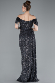 Anthracite Boat Neck Slit Long Sequin Evening Gown ABU4843