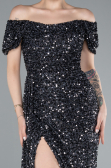 Anthracite Boat Neck Slit Long Sequin Evening Gown ABU4843