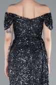 Anthracite Boat Neck Slit Long Sequin Evening Gown ABU4843