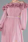 Powder Color Floral Boat Neck Long Sleeve Chiffon Prom Gown ABU4130