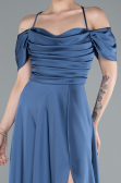 Grey-Indigo Off The Shoulder Slit Long Satin Prom Dress ABU4703