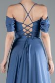 Grey-Indigo Off The Shoulder Slit Long Satin Prom Dress ABU4703