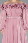 Powder Color Boat Neck Long Sleeve Plus Size Chiffon Prom Gown ABU4131