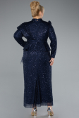 Navy Blue Long Sleeve Stand Collar Midi Beaded Plus Size Evening Gown ABK2294