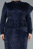 Navy Blue Long Sleeve Stand Collar Midi Beaded Plus Size Evening Gown ABK2294