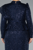 Navy Blue Long Sleeve Stand Collar Midi Beaded Plus Size Evening Gown ABK2294