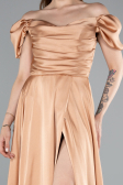 Salmon Boat Neck Slit Long Satin Prom Gown ABU4508
