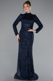 Long Navy Blue Beaded Hijab Dress ABU4992