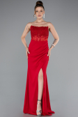 Red Strapless Lace Appliqued Slit Long Evening Gown ABU5001