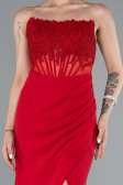 Red Strapless Lace Appliqued Slit Long Evening Gown ABU5001