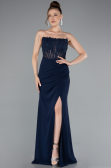 Navy Blue Strapless Lace Appliqued Slit Long Evening Gown ABU5001