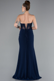 Navy Blue Strapless Lace Appliqued Slit Long Evening Gown ABU5001