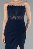 Navy Blue Strapless Lace Appliqued Slit Long Evening Gown ABU5001
