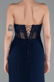 Navy Blue Strapless Lace Appliqued Slit Long Evening Gown ABU5001