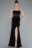 Black Strapless Lace Appliqued Slit Long Evening Gown ABU5001
