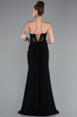 Black Strapless Lace Appliqued Slit Long Evening Gown ABU5001