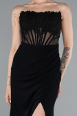Black Strapless Lace Appliqued Slit Long Evening Gown ABU5001