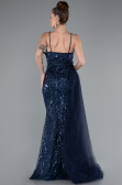 Navy Blue Strappy Tail Long Beaded Special Design Evening Dress ABU5003