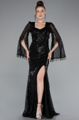 Black Slit Shawl Sleeve Long Special Design Beaded Evening Dress ABU5002