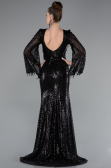 Black Slit Shawl Sleeve Long Special Design Beaded Evening Dress ABU5002
