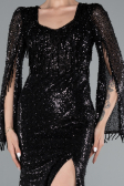 Black Slit Shawl Sleeve Long Special Design Beaded Evening Dress ABU5002