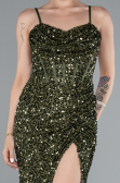 Olive Drab Strapless Underwire Slit Long Sequin Evening Gown ABU4842