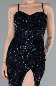 Navy Blue Strapless Underwire Slit Long Sequin Evening Gown ABU4842
