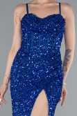Sax Blue Strapless Underwire Slit Long Sequin Evening Gown ABU4842