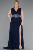 Navy Blue Sleeveless Waist Stoned Slit Long Chiffon Plus Size Evening Gown ABU5006