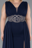 Navy Blue Sleeveless Waist Stoned Slit Long Chiffon Plus Size Evening Gown ABU5006