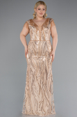 Gold Beaded Detailed V Neck Long Sequined Plus Size Evening Gown ABU5009