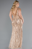 Gold Beaded Detailed V Neck Long Sequined Plus Size Evening Gown ABU5009