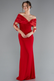 Red Boat Neck Guipure Long Sleeve Fishtail Evening Dress ABU4343