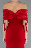 Red Boat Neck Guipure Long Sleeve Fishtail Evening Dress ABU4343