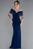 Navy Blue Boat Neck Guipure Long Sleeve Fishtail Evening Dress ABU4343