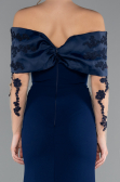 Navy Blue Boat Neck Guipure Long Sleeve Fishtail Evening Dress ABU4343