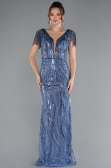Indigo Beaded Detailed V Neck Long Sequined Evening Gown ABU5030