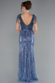 Indigo Beaded Detailed V Neck Long Sequined Evening Gown ABU5030