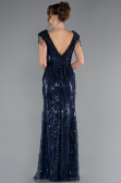 Navy Blue Beaded Detailed V Neck Long Sequined Evening Gown ABU5030