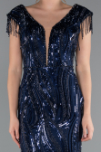 Navy Blue Beaded Detailed V Neck Long Sequined Evening Gown ABU5030