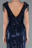 Navy Blue Beaded Detailed V Neck Long Sequined Evening Gown ABU5030