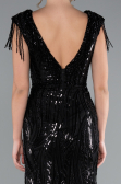 Black Beaded Detailed V Neck Long Sequined Evening Gown ABU5030