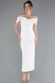 White Satin Boat Neck Stone Midi Evening Dress ABK2212