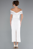 White Satin Boat Neck Stone Midi Evening Dress ABK2212