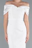 White Satin Boat Neck Stone Midi Evening Dress ABK2212