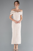 Gold Satin Boat Neck Stone Midi Evening Dress ABK2212